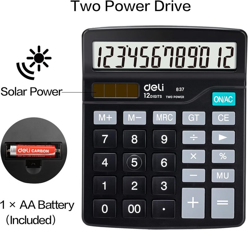 Deli Calculator, Standard Function Desktop Calculators with 12 Digit Large LCD Display and Sensitive Button, Solar Battery Dual Power Office Calculator, Black - Image 4